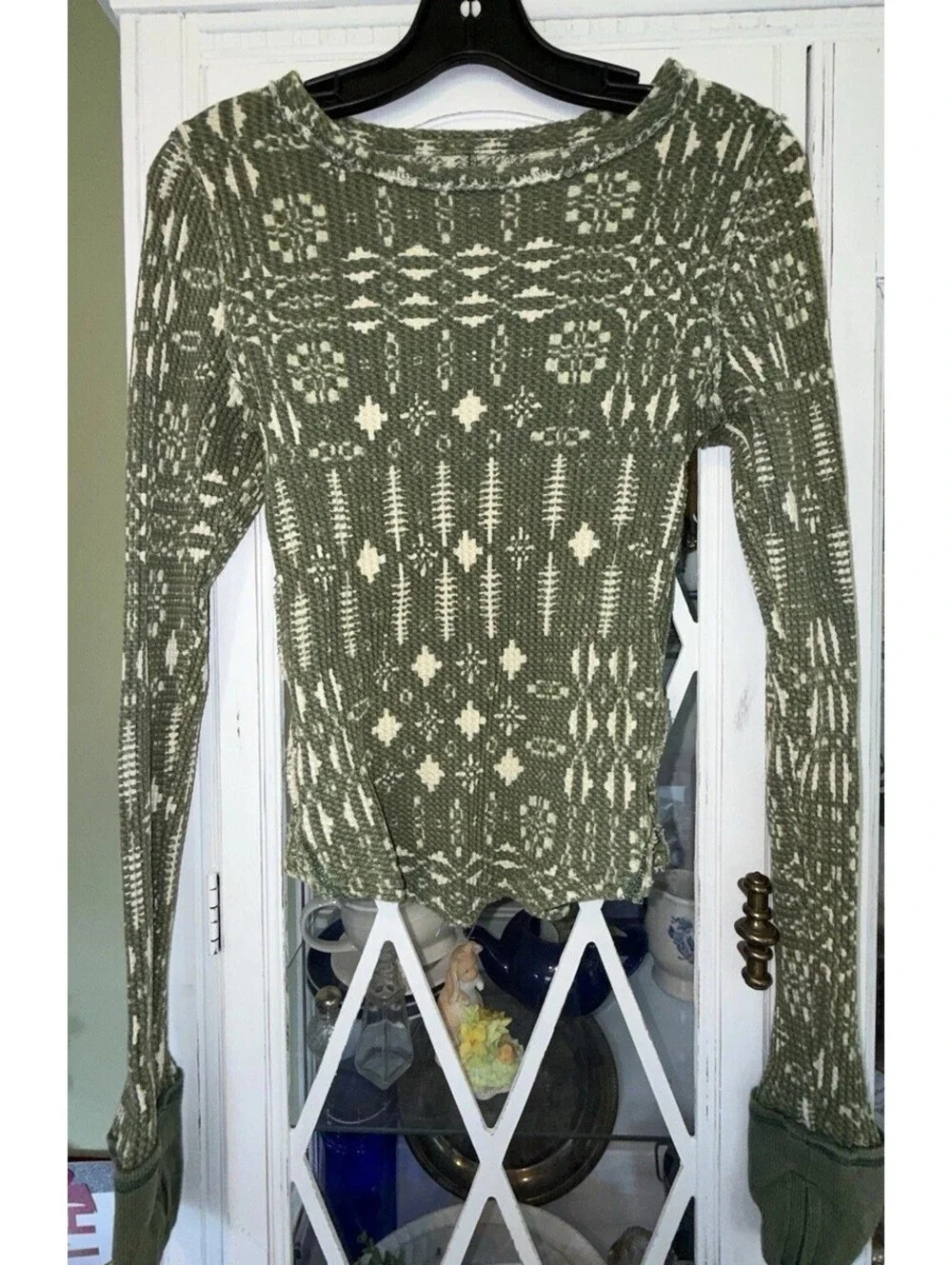We The Free Free People Boho Olive Green Fair Isle Waffle Knit Thermal Top Small